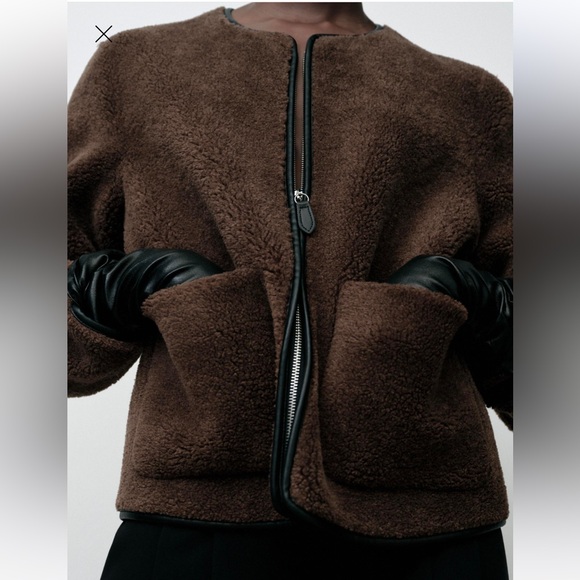 ZARA JACKET WITH FAUX SHEARLING BROWN BLACK XS SHERPA TEDDY COAT FAUX LEATHER - Picture 5 of 10